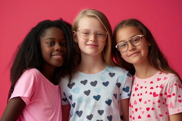 group of 13 year old girls wearing t shirts with heart prints gen alpha friends for Valentines Day