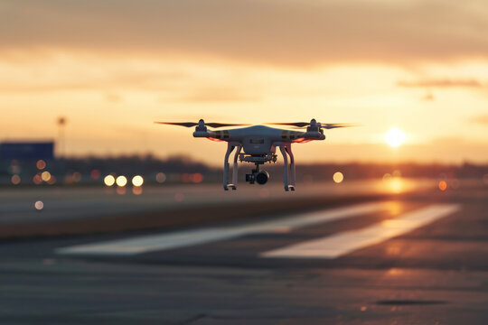 Drone with camera in the sky near an airport, concept of strict no-fly zones, the restrictions and regulations for quadcopter flying, rules for drone pilots