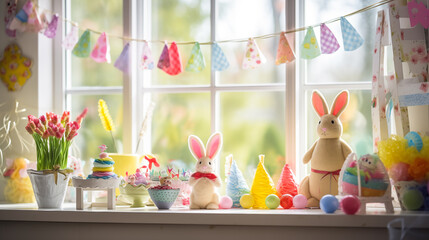 Easter celebration with bunny statues and colorful eggs