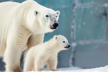 Fototapeta premium Portrait of mother polar bear with her cute cub