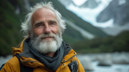 An active older bearded man gazing at nature in a nature park feeling free and enjoying the view. Close up portrait of a happy older bearded man gazing at nature viewing camping tourism nature
