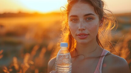 Female runner with water, fitness and exercise after training in nature. Exercise, hiking and walking challenge with a water bottle of a female runner in summer ready to run.