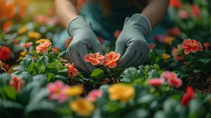 In this garden, a happy woman in an apron and gloves plants flowers on the flower bed. Gardening and floriculture. Flower care.