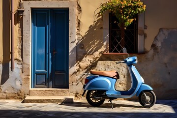 Naklejka premium Idyllic scene of a small blue scooter parked on a sunlit street corner in an Italian village, showcasing the simplicity and beauty of everyday life