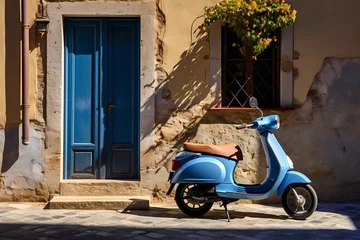 Photo sur Plexiglas Scooter Idyllic scene of a small blue scooter parked on a sunlit street corner in an Italian village, showcasing the simplicity and beauty of everyday life