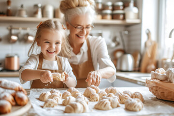 Happy grandmother with granddaughters baking buns on a  table in the kitchen