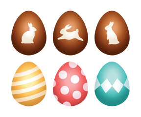 Easter eggs vector illustration in 3d realistic style. Classic cute pastel color chocolate egg with bunny or rabbit silhouette isolated on white background.