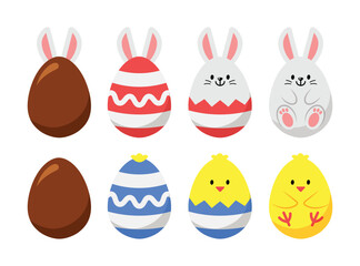 Easter eggs vector illustration with bunny or rabbit and baby chick and chocolate in cute modern colorful cartoon style for seasonal holiday decoration.  