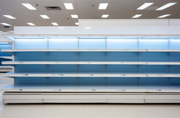 Supermarket with empty shelves for goods. Concept: sale and demand for purchases, deficit, excitement and epidemic, difficult economic situation
