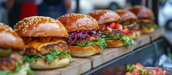 A wooden cutting board holds a row of hamburgers, a staple food in fast food culture, made with ingredients like buns and produce.