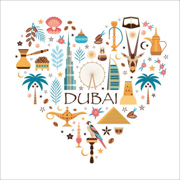 Dubai Travel Poster with UAE Landmarks and Symbols