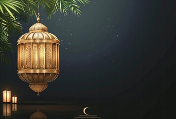 Vibrant hues dance within the ornate Arabic lantern, casting a luminous glow on the dark background, extending heartfelt greetings for Ramadan and Eid. - obrazy, fototapety, plakaty