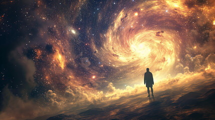 Man looking at the outer space. 3D rendering and illustration.