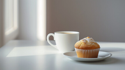 A cup of steaming coffee and a delicious muffin on a table. - Powered by Adobe