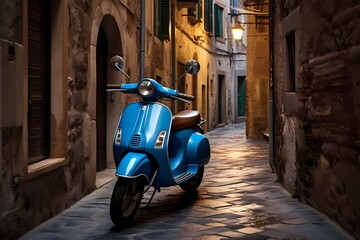 Naklejka premium Inviting scene of a blue scooter casually parked in a narrow alley of an Italian town, with charming buildings creating a warm and welcoming atmosphere