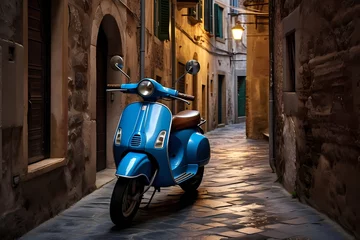 Papier Peint photo Scooter Inviting scene of a blue scooter casually parked in a narrow alley of an Italian town, with charming buildings creating a warm and welcoming atmosphere