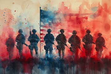 U.S. Army Soldiers Standing in Front of the American Flag Generative AI - obrazy, fototapety, plakaty