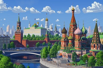 Game map. Church. Cartoon Moscow city scene. Gameplay. Game design. A capital of Russia. Red Square. Animated Moscow, Russian capital. Kremlin. Cathedral. Temple. Travel. Brick tower. History - obrazy, fototapety, plakaty