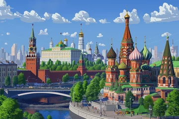 Foto op Canvas Game map. Church. Cartoon Moscow city scene. Gameplay. Game design. A capital of Russia. Red Square. Animated Moscow, Russian capital. Kremlin. Cathedral. Temple. Travel. Brick tower. History © grooveisintheheart