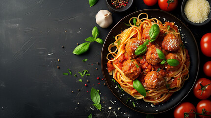 Plate of steaming hot delicious pasta and meatballs.