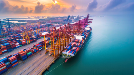 Naklejka premium Global Trade in Action: Aerial View of Busy Shipping Port with Colorful Containers