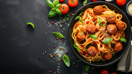 Plate of steaming hot delicious pasta and meatballs.