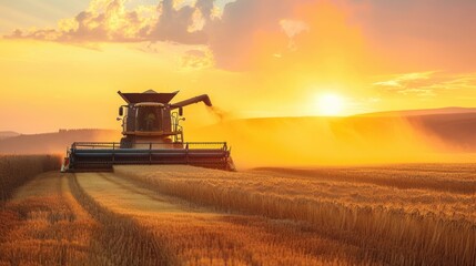 Fototapeta premium Harvest Time: Combine Harvester Working in Wheat Field at Sunset