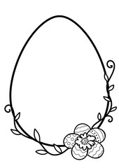 Hand Drawn Easter Egg  Outline Illustration, Easter Frame, Easter Egg,  Simple black and white line art with flower frame for kids activities 