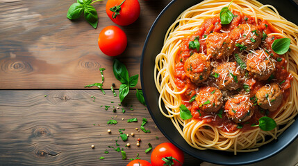 Plate of steaming hot delicious pasta and meatballs. - obrazy, fototapety, plakaty