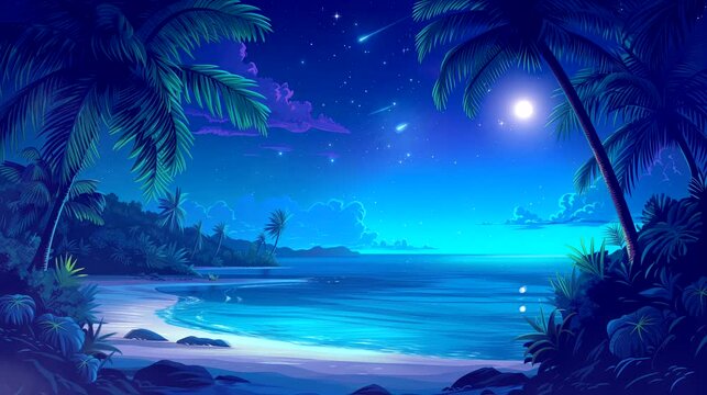 A tropical paradise with palm trees, white sand, and turquoise waters. Fantasy landscape anime or cartoon style, seamless looping 4k time-lapse virtual video animation background