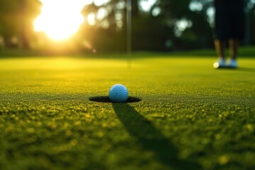 Golf ball on grass. Background with selective focus and copy space
