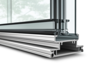 A close-up photo of a double glazed window with a clear glass panel and a metal frame, isolated on a white background.