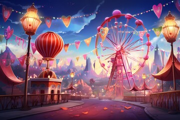 Joyful Valentine's Day carnival scene with colorful lights, Ferris wheel, and love-themed attractions - obrazy, fototapety, plakaty