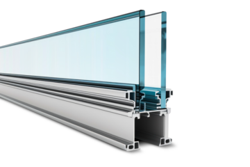 A double glazed window with a metal frame, isolated on a white background.