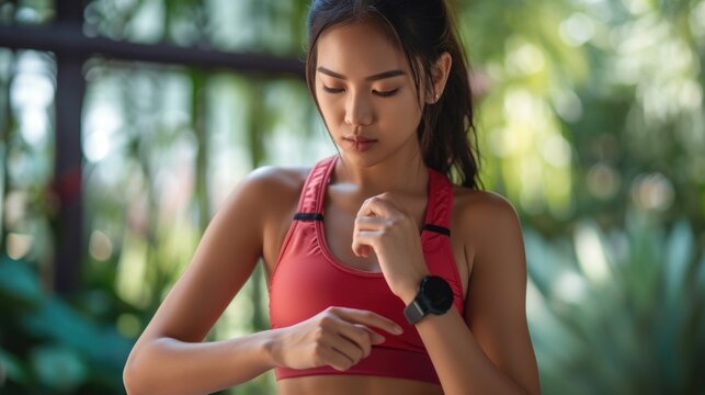 Fitness Enthusiast Checking Heart Rate on Smartwatch Outdoors
