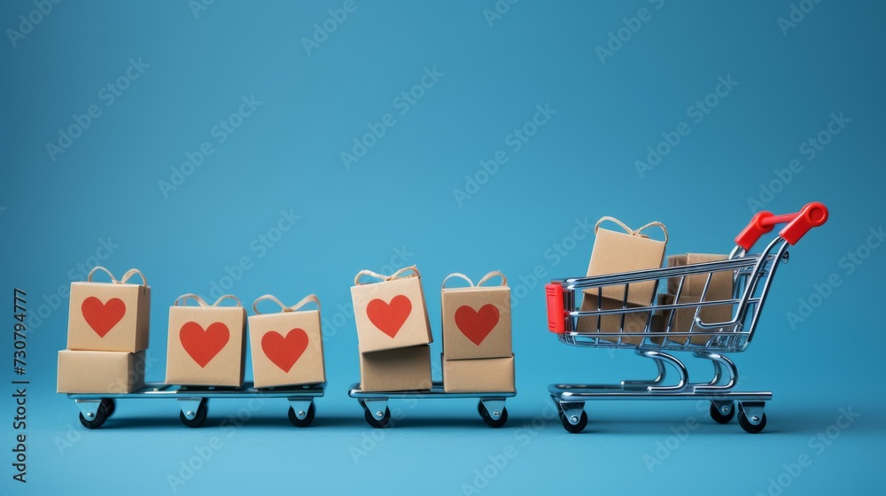 Wall mural close-up of a small shopping cart filled with gift boxes with a red heart pattern, on a blue backgro