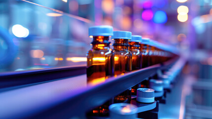 High-Tech Pharmaceutical Facility: Glass Vials on Conveyor Belt
