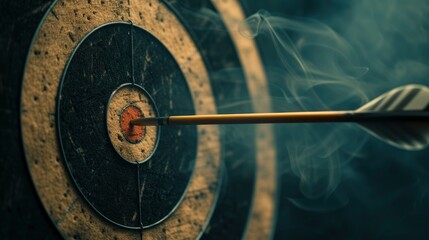 Arrow hits the middle of target, dramatic light, dark smoked background, professional close up photo