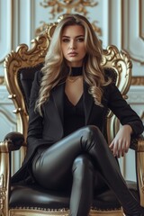 Fototapeta na wymiar Beautiful sensual businesswoman sitting on the throne in a style-appropriate interior, studio photo, professional shooting