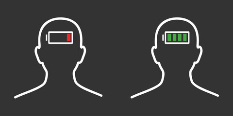 Emotional burnout concept. Full and low energy battery. Emotional, physical and mental exhaustion burnout or stress at work, problem