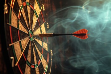 Dart arrow hits the middle of target, dramatic light, dark smoked background, professional close up photo