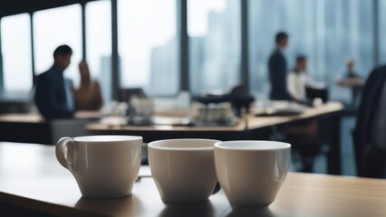 Cups in the office in the foreground. - obrazy, fototapety, plakaty