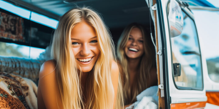 Two young girls enjoying road trip in vintage van.
