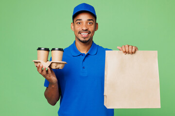 Delivery guy employee man wear blue cap t-shirt uniform workwear work as dealer courier hold...