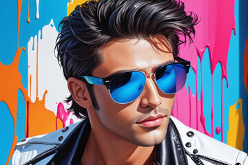 Impactful color paint of beautiful man, sunglasses, highly detailed, vibrant colors