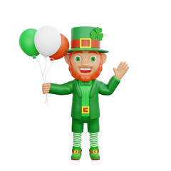 3D illustration of St. Patrick's Day character leprechaun waves hello while holding balloons