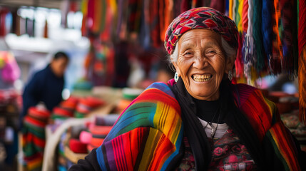 Joyful woman dressed in gray embodies the effervescent spirit of the South American marketplace. - obrazy, fototapety, plakaty