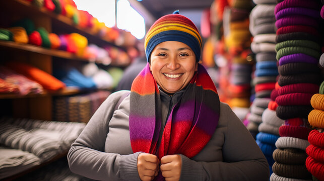 Woman In A Minimalist Gray Sweater, Looking Surprised And Joyful, With Bright Andean Market Colors In The Background, Showcasing The Vibrant South American Spirit