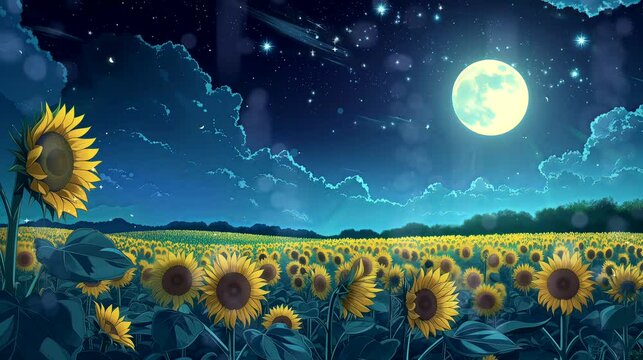A sunflower field with night sky moon and star. Fantasy landscape anime or cartoon style, seamless looping 4k time-lapse virtual video animation background