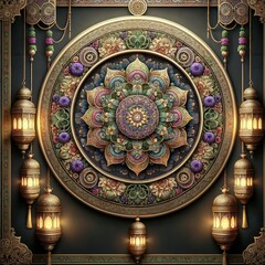 circular decorative frame with intricate patterns with ornate lanterns hanging on chains